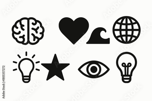 Set of 8 simple black icons: brain, heart, globe, lightbulb, star, eye, wave