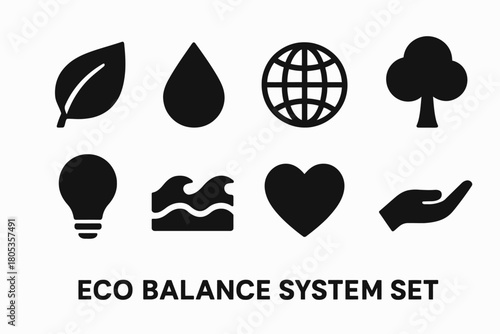 Eco balance system icons: nature, sustainability, environment, energy, conservation