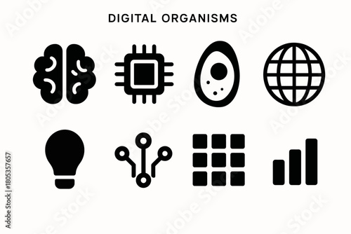 Digital organisms icons set: brain, microchip, cell, globe, lightbulb, circuit, grid, bar graph