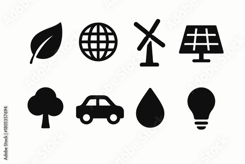 Sustainable energy and environment icons: leaf, globe, wind, solar, tree, car, water, lightbulb