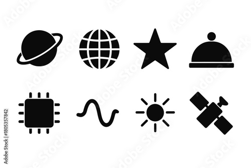 Icon set: planet, globe, star, hat, microchip, wave, sun, satellite