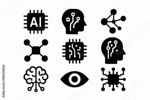 Artificial intelligence symbols including ai, brain, microchip, neural network icons
