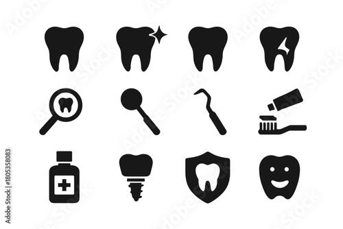 Dental icons set: tooth, toothbrush, magnifying glass, dental care symbols, dental health