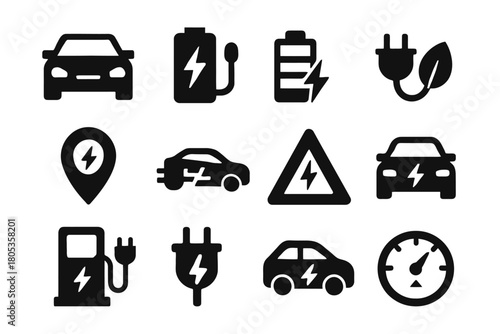 Electric vehicle icons set: battery, charging, plug, speedometer, eco-friendly symbols