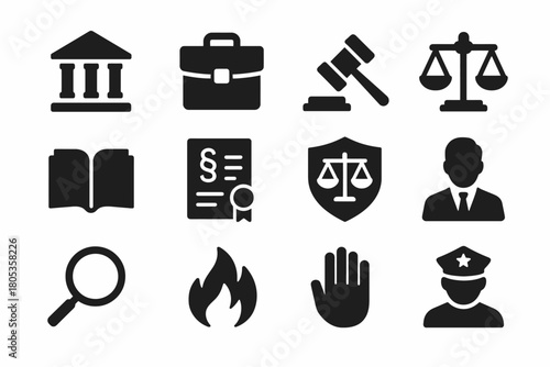 Icons of law and justice including gavel, scales, and court symbols