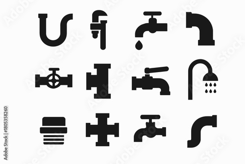 Collection of plumbing icons: pipes, faucets, shower, valves in black silhouettes