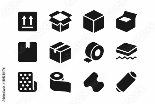 Shipping icons: boxes, tape, and packaging materials in black silhouettes