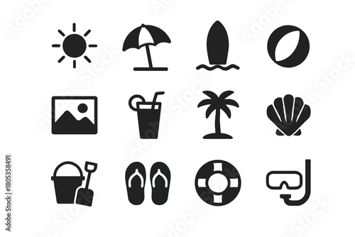 Beach vacation icons: sun, umbrella, surfboard, seashell, snorkel, palm, flip-flops