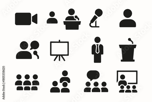 Conference and presentation icons set including microphone, podium, and audience