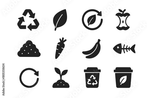 Black recycling and composting icons set featuring various eco-friendly symbols