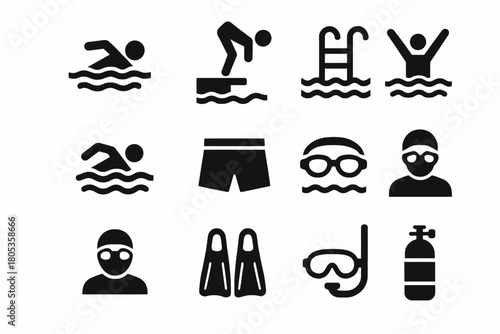 Swimming symbols: dive, gear, and pool icons set for athletic activities