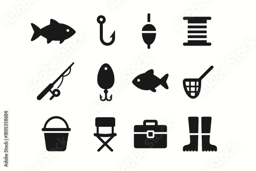 Fishing equipment icons: hooks, rods, fish, net, bucket, chair, tackle box, boots