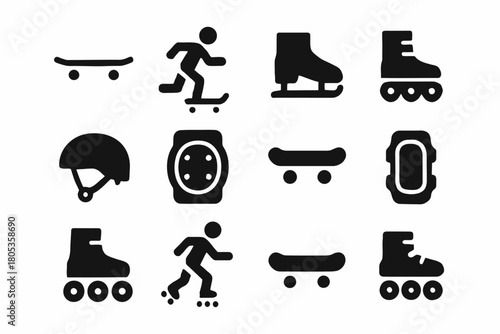 Skateboards, rollerblades, helmets, pads: essential icons for skating enthusiasts