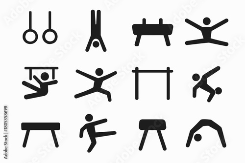 Gymnastics icon set: rings, handstands, parallel bars, vaulting, acrobatics