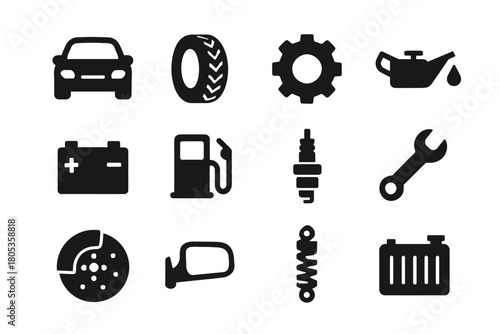Automotive icons set: car, tire, gear, oil, battery, fuel pump, spark plug, wrench