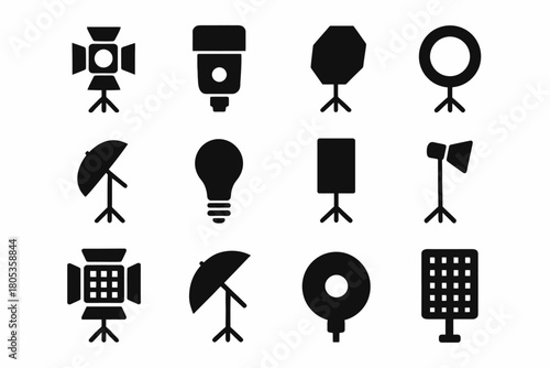 Studio lighting equipment icons collection: softbox, umbrella, ring light, flash