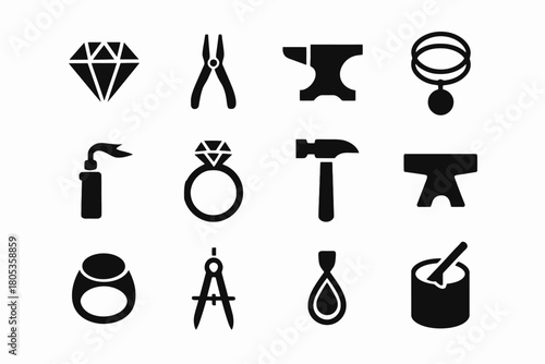 Jewelry making tools and symbols: anvil, ring, hammer, diamond, torch, plier icons