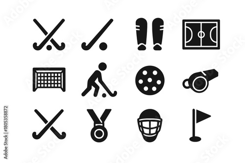 Field hockey icons set: sticks, goals, equipment, and symbols