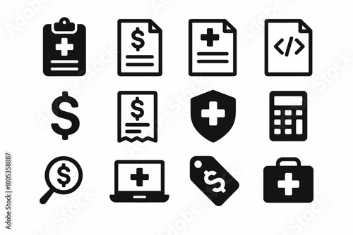 Medical finance icons: healthcare billing, documents, and insurance symbols in black and white