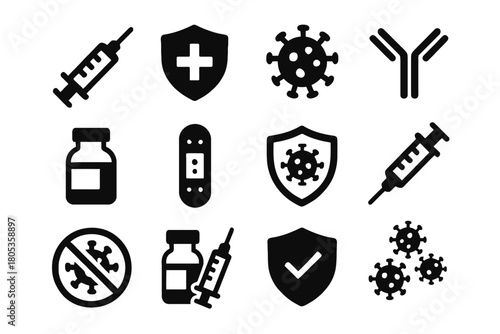 Medical vaccination icons: syringe, virus, antibody, vial, shield, bandage