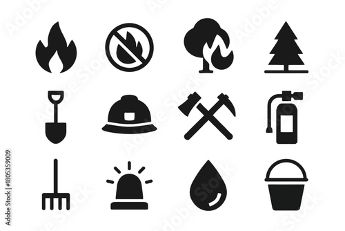 Fire safety icons: extinguisher, helmet, axe, tree, shovel, bucket, water, no fire