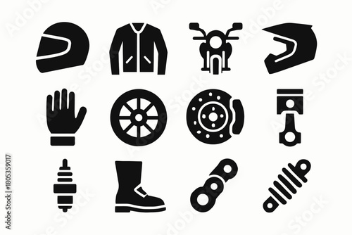 Motorcycle gear and parts icons set - helmet, jacket, bike, wheel, brake, boot, suspension