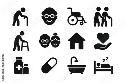 Elderly care icons: mobility, health, and well-being symbols
