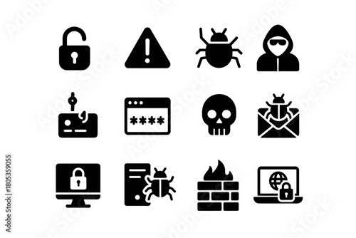 Cybersecurity icons: lock, alert, bug, hacker, phishing, password, skull, malware, secure firewall