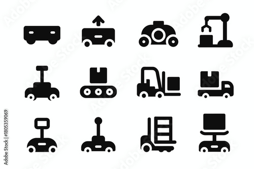 Black icon set of automated warehouse robots and machinery