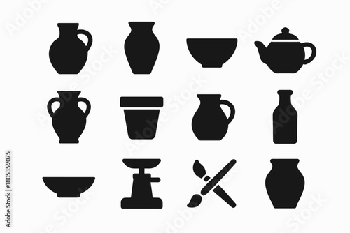Set of ceramic pottery silhouettes featuring vases, bowls, and teapot designs