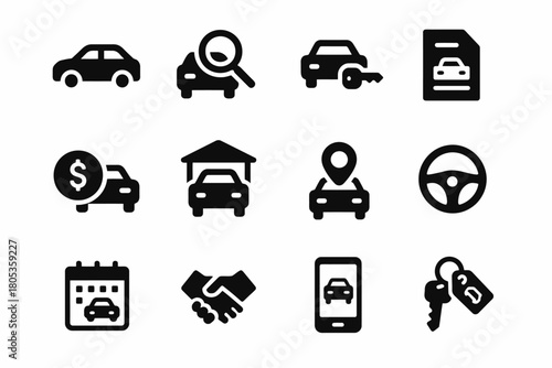 Car service icons set: maintenance, sale, rental, and navigation symbols