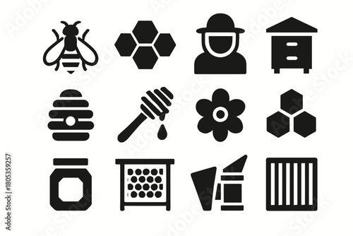 Bee and honey icons: beekeeping symbols with hive, honeycomb, and tools