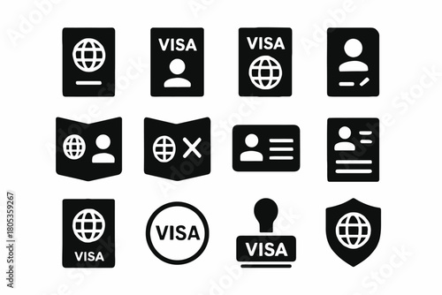 Passport and visa icon set: travel documents, identification, stamp, security, verification