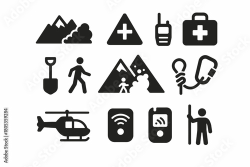 Mountain rescue icons: safety equipment and emergency symbols for outdoor adventures