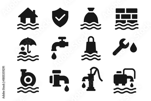 Flood prevention icons: house, protection, water, pump, and tools symbols set