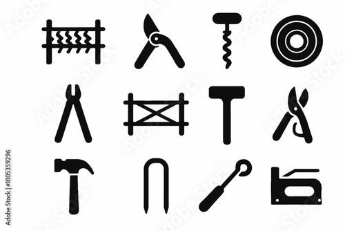 Silhouette icons of various tools with pruning and cutting equipment