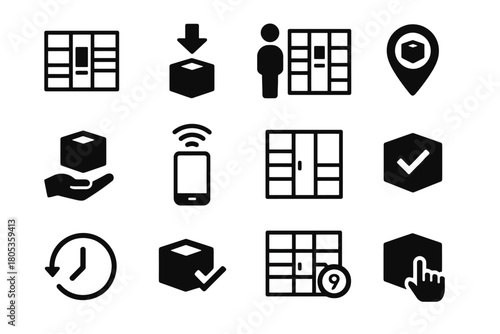 Parcel locker icons set: delivery, collection, and location symbols
