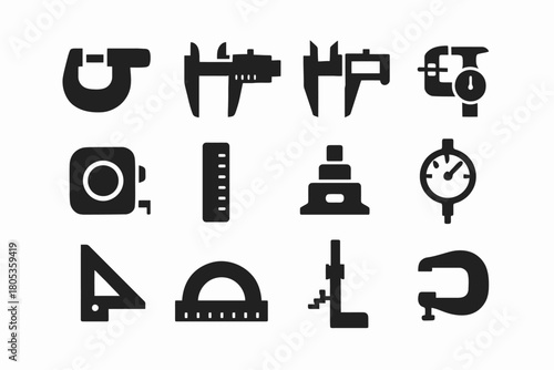 Silhouette icons of measuring tools including calipers and ruler