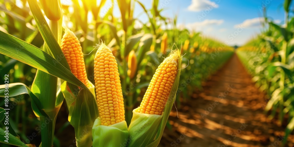 Obraz premium Ripe corn cobs growing in sunny agricultural field