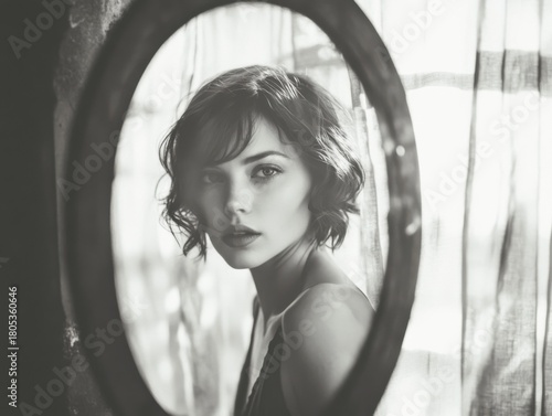 The image showcases a stunning woman gazing thoughtfully into a vintage mirror, blending elegance and introspection with artistic lighting and soft textures.