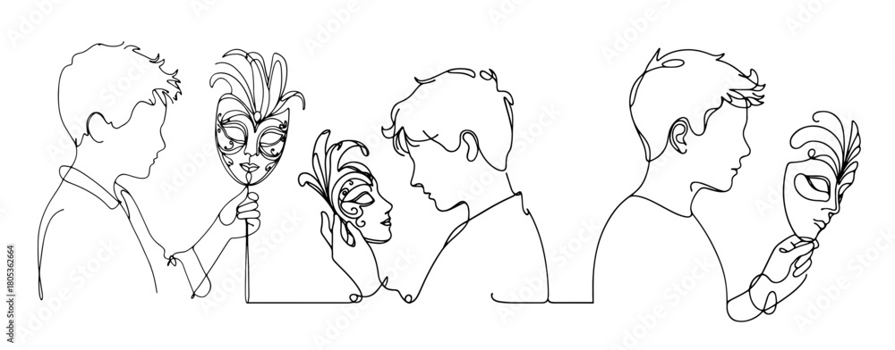 Fototapeta premium Boys holding Venetian masks in single line illustration set