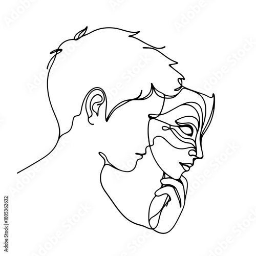 Boy putting on or taking off a mask single line illustration