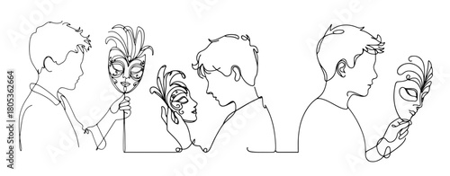 Boys holding Venetian masks in single line illustration set