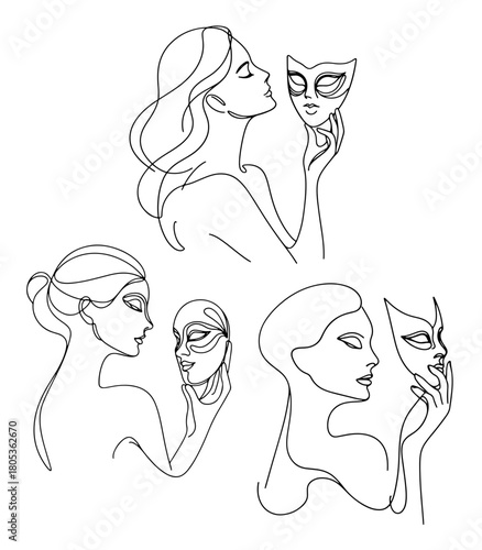 Women with masks in single line illustration