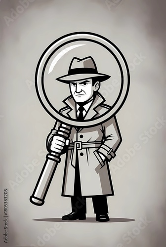 Illustration of a detective in a cloak and with a magnifying glass