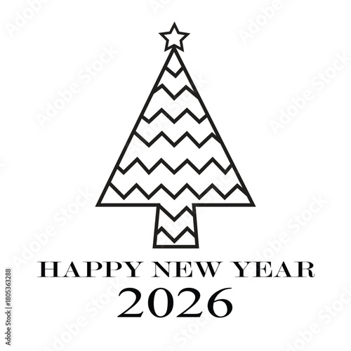Minimalist outline of a Christmas tree with a star topper and 'Happy New Year 2026' text. Simple graphic for holiday greetings, future events, and seasonal cheer, ideal for cards.
