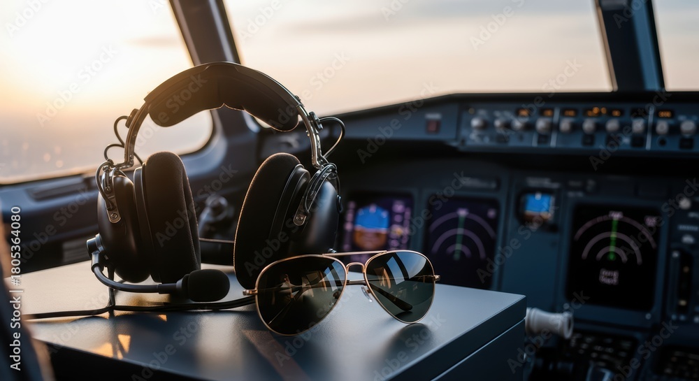 Fototapeta premium Aviation cockpit view with pilot headset and sunglasses in modern aircraft