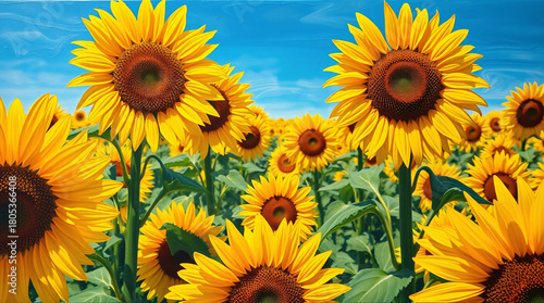 Full Frame Close-up of Vibrant Sunflower Heads and Green Foliage, Creating a Dense, Immersive Texture and Saturated Color Palette Under Clear Skies