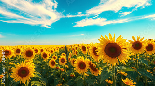Cinematic View of a Sunflower Field with Teal and Orange Color Grading, Featuring a Deep Blue Sky, Wispy Clouds, and a Vibrant, Endless Horizon