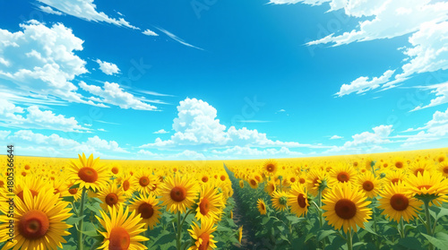 Symmetrical Composition of a Vibrant Sunflower Field Under a Saturated, Wide Blue Sky with Fluffy White Clouds, Emphasizing Anime-Style Clarity and Color